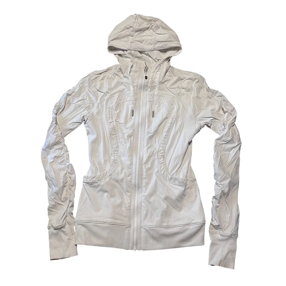 Lululemon Dance Studio Jacket White‎ Full Zip Hooded Cinched Sleeve Size 8